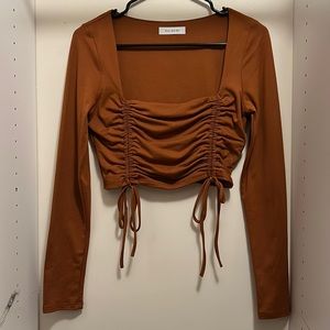 Brown Fitted Long Sleeve Cropped Shirt